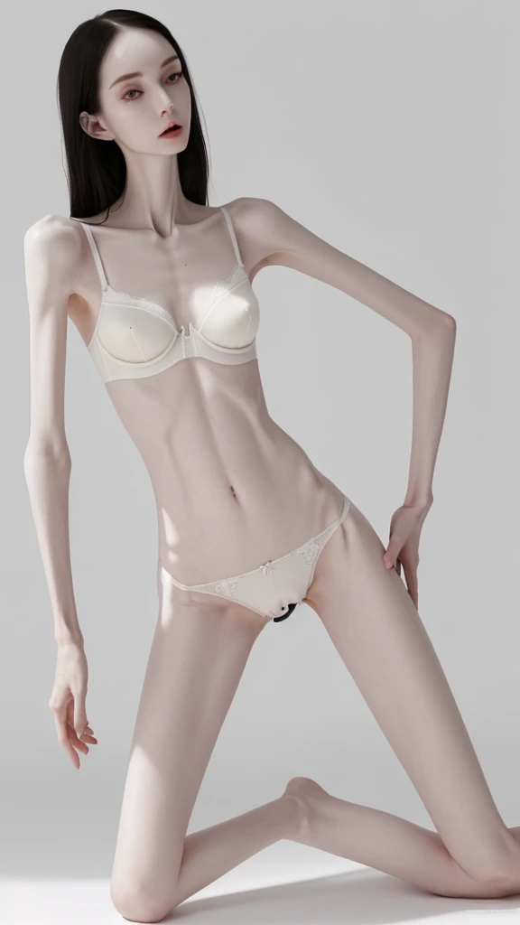 a woman, very thin body, body visible bones, very slender , sweaty weat body, pale white skin, panties, bra,tatto, full body