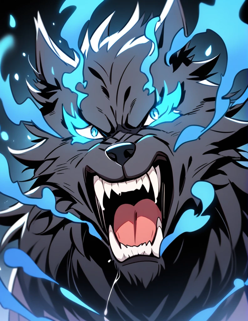 two angry and salivating black wolves coming out of a blue fire
