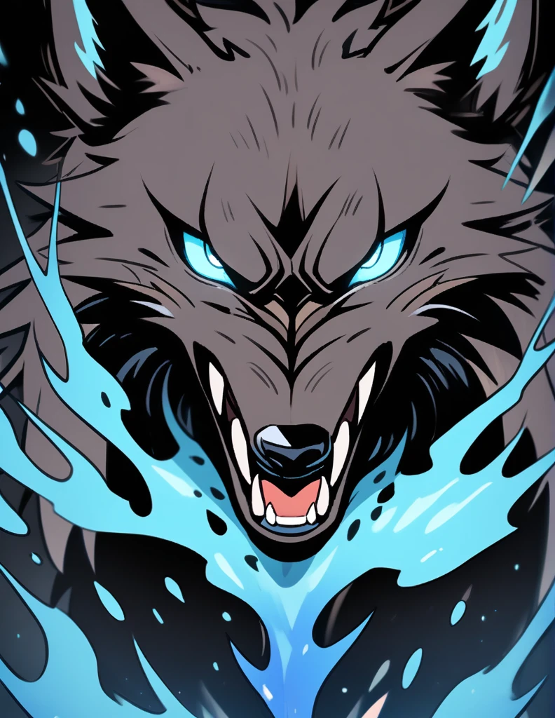 two angry and salivating black wolves coming out of a blue fire