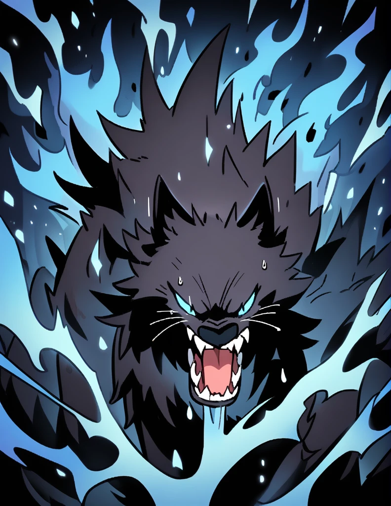 two angry and salivating black wolves coming out of a blue fire