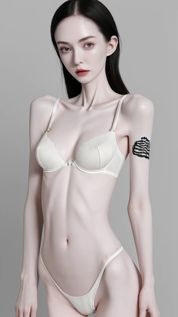 a woman, very thin body, body visible bones, very slender , sweaty weat body, pale white skin, panties, bra,tatto, full body