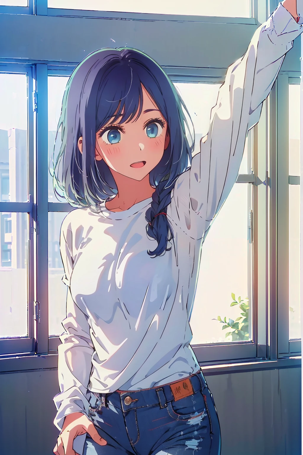 (Highest quality:1.4、masterpiece:1.4、Super detailed:1.4、8K:1.4)、((((1 person、Surprised expression、Windowless dance studio、White long sleeve T-shirt、jeans、Long Hair、Big eyes、Very cute face))))、F cup bust、Medium breast