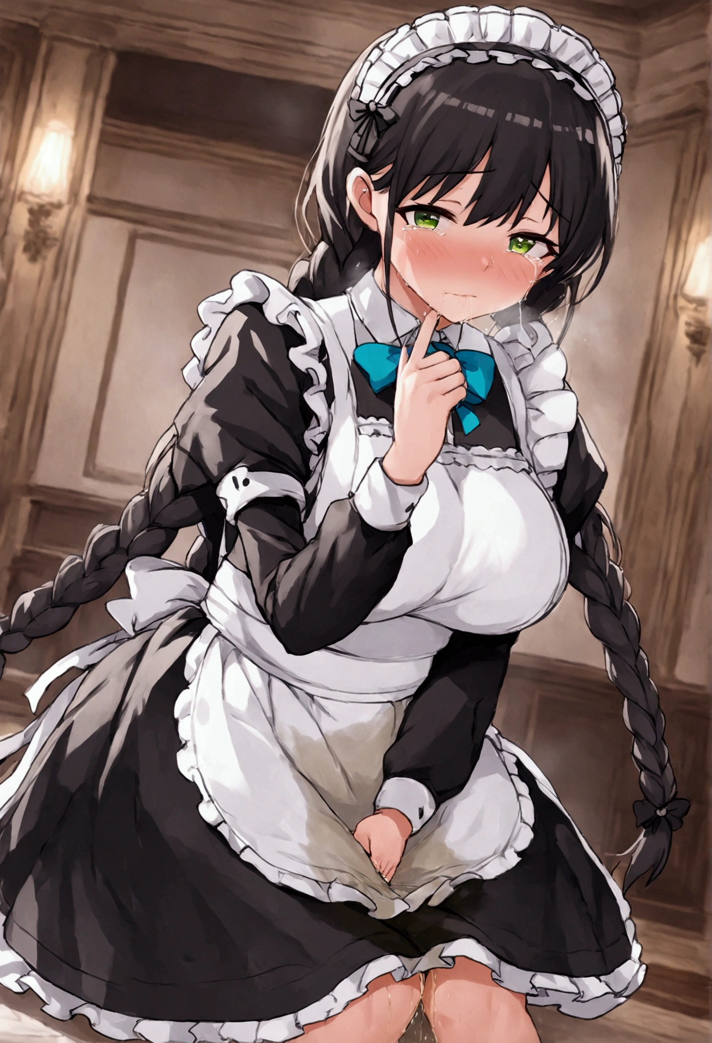 Anime. 1 girl. Housemaid. Ssbbw. Black hair. Long hair. Hair is gathered in braids. Green eyes. Beautiful eyes. Perfect eyes. Expressive eyes. Beautiful nose. Snotty nose. Snot flows from the nose. Very thick body. Very thick hands. Very thick legs. Big fat belly. Big fat ass. Big breasts. Beautiful breasts. Maid uniform. Standing. Full height. Living room of a luxury mansion. Cold. Runny nose. Nasal mucus. Snot. Wants to sneeze. You need to sneeze. Sneezes. Sneezes with snot. Snot comes out of her nose when she sneezes. Handkerchief. She covers her nose with her hands and a handkerchief. Blows his nose. Wants to pee. Need to pee. She peed herself. Urine runs down my thighs. Embarrassment. Blush. Tears in my eyes. Cry. Whole body. Extremely detailed CG Unity 8k wallpaper. Ideal lighting. Ultra high resolution 4K. Super detailed 8K resolution.