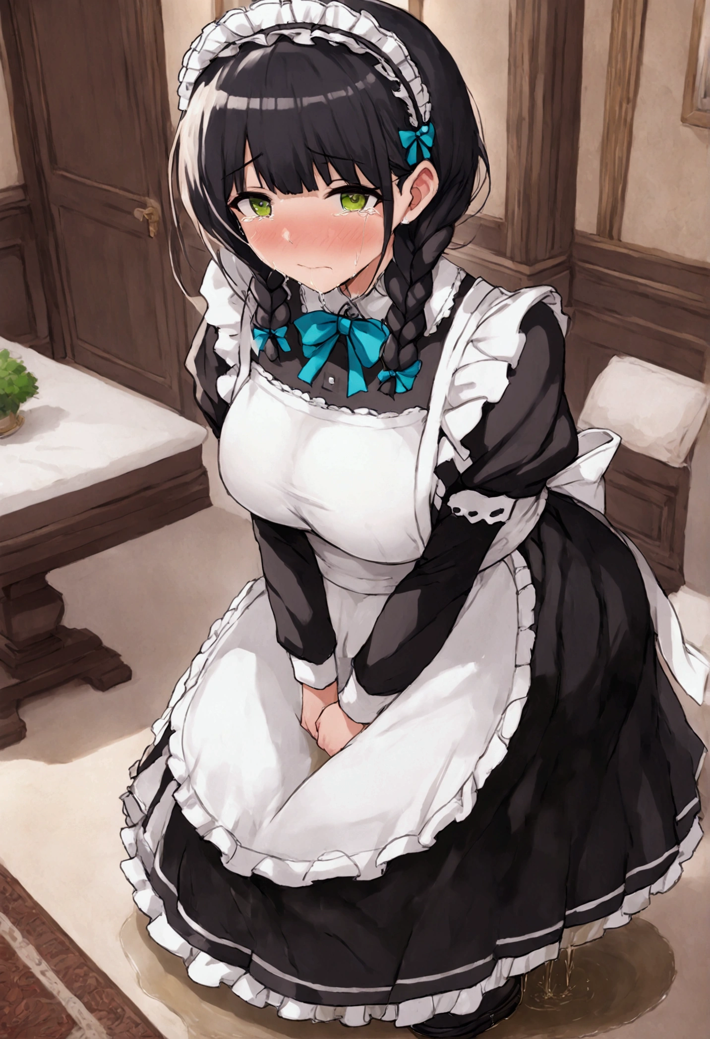 Anime. 1 girl. Housemaid. Ssbbw. Black hair. Long hair. Hair is gathered in braids. Green eyes. Beautiful eyes. Perfect eyes. Expressive eyes. Beautiful nose. Snotty nose. Snot flows from the nose. Very thick body. Very thick hands. Very thick legs. Big fat belly. Big fat ass. Big breasts. Beautiful breasts. Maid uniform. Standing. Full height. Living room of a luxury mansion. Cold. Runny nose. Nasal mucus. Snot. Wants to sneeze. You need to sneeze. Sneezes. Sneezes with snot. Snot comes out of her nose when she sneezes. Handkerchief. She covers her nose with her hands and a handkerchief. Blows his nose. Wants to pee. Need to pee. She peed herself. Urine runs down my thighs. Embarrassment. Blush. Tears in my eyes. Cry. Whole body. Extremely detailed CG Unity 8k wallpaper. Ideal lighting. Ultra high resolution 4K. Super detailed 8K resolution.