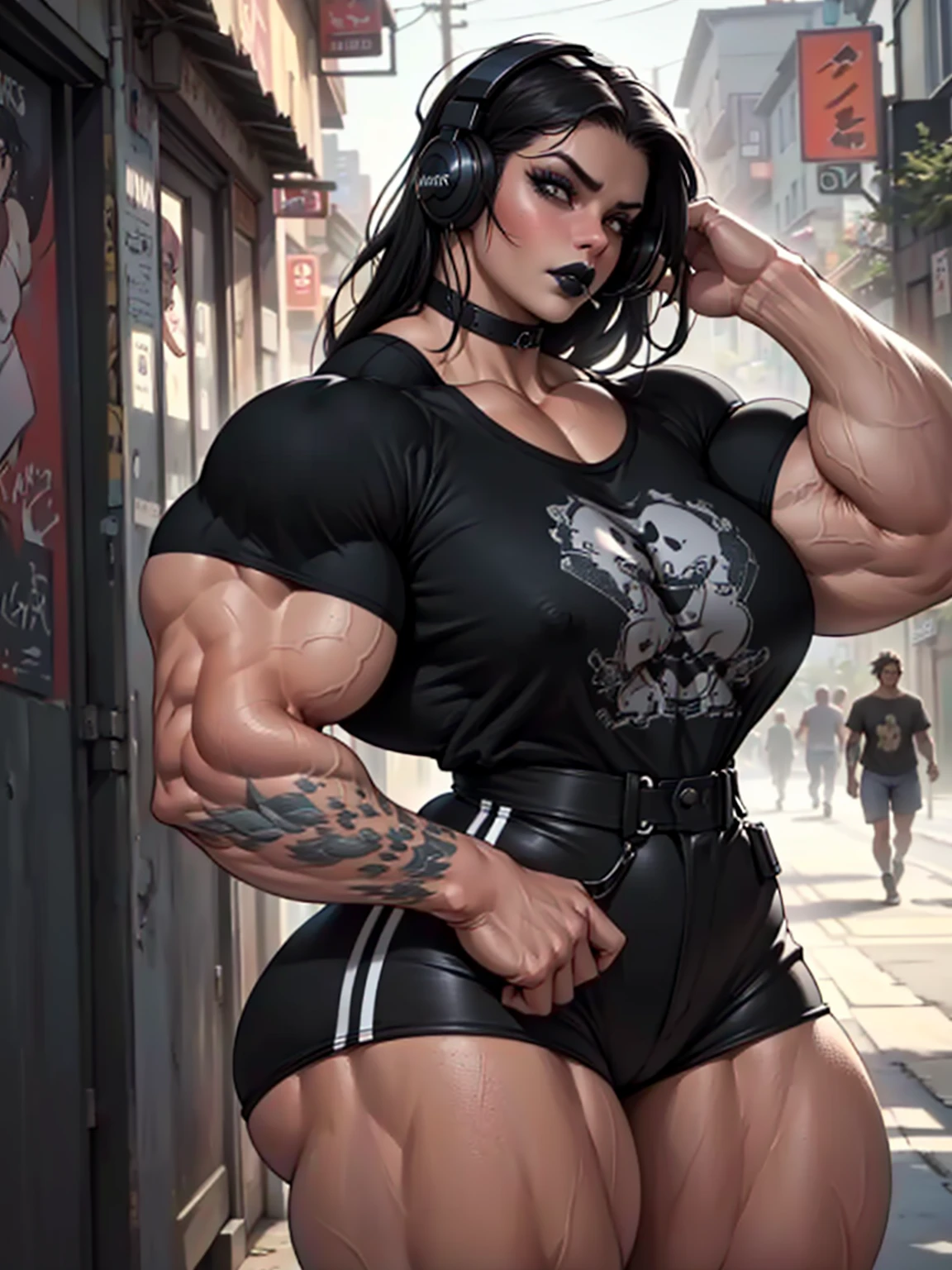 masterpiece, realistic, detailed, young woman, (hypermuscle:1.7), long straight black hair, goth, ((loose oversized black band tshirt), (innocent expression:1.2), black lipstick, small waist, massive thighs, headphones, tattoos, (detailed face, beautiful face, realistic face), (huge lips) walking, crowded street 