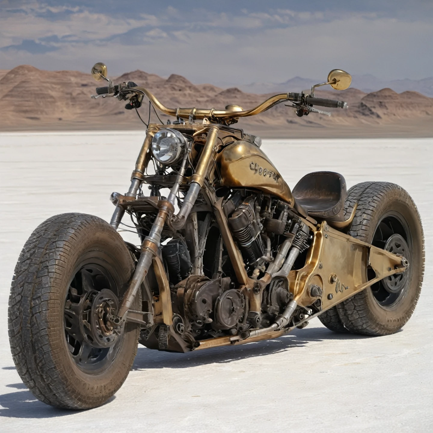 chopper bike,gold with black wheels, at lonley highway on an alien planet, desert, hyper detailed, sand,,