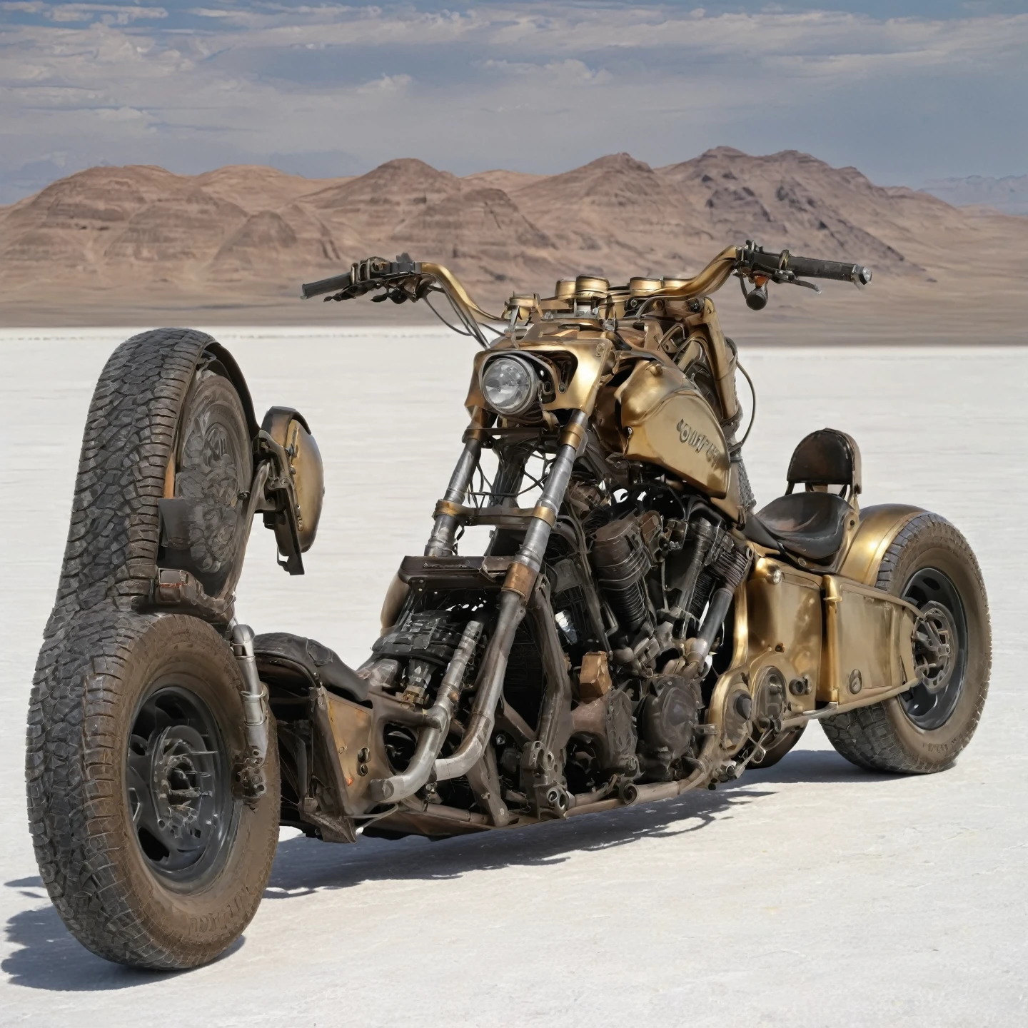 chopper bike,gold with black wheels, at lonley highway on an alien planet, desert, hyper detailed, sand,,