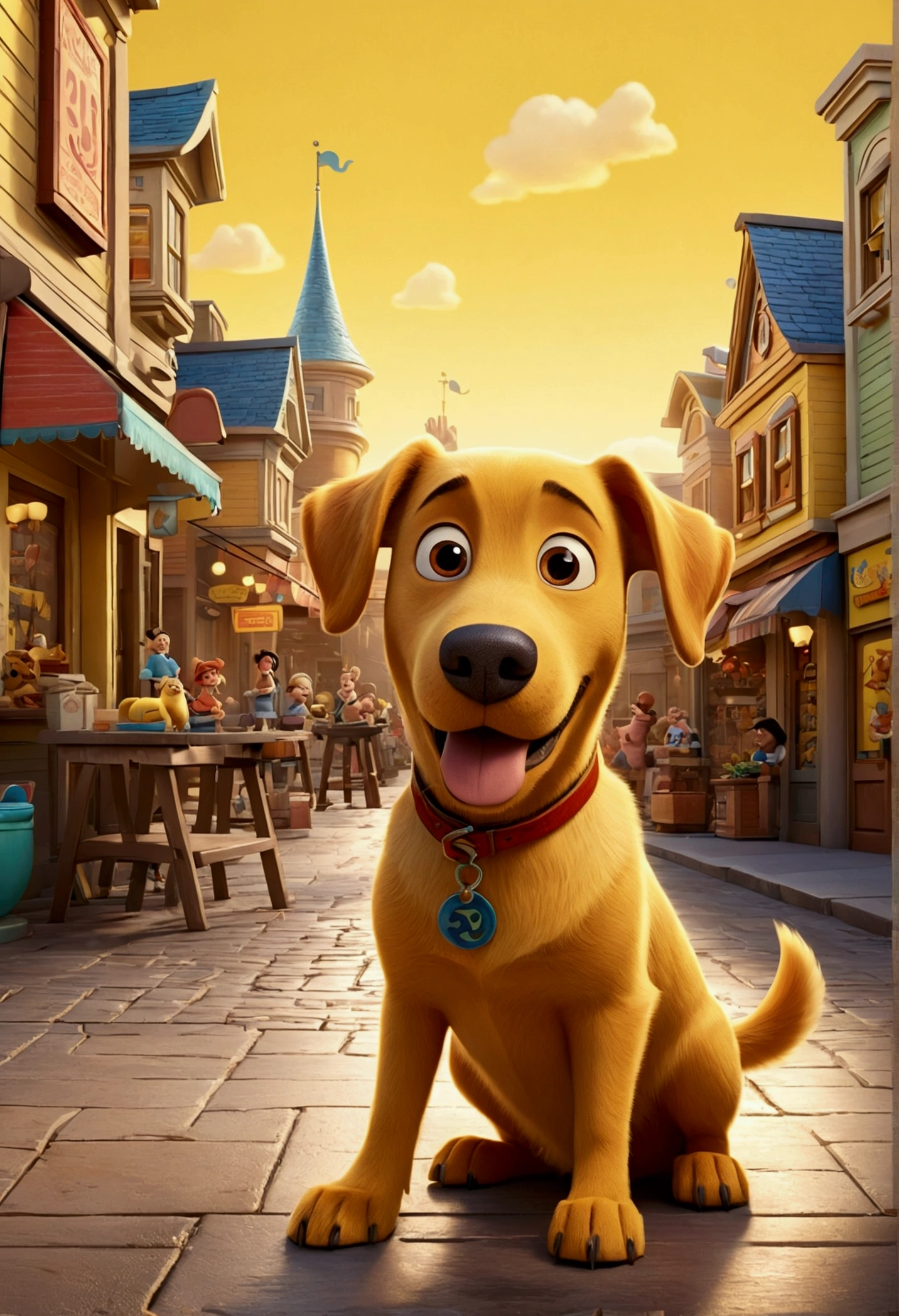 Create a Disney PIXAR style 3D poster. ((center of picture)), ((1 yellow dog)), all this in Disney PIXAR 3D style,  cardboard design style, pop-mart, soft lighting, smooth lines, Spring tilt, Detailed PIXAR 3D illustrations, hyperrealistic details, Warm color in Disney PIXAR 3D style))