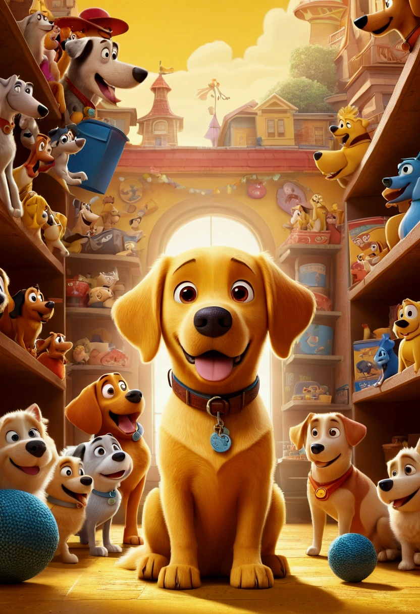 Create a Disney PIXAR style 3D poster. ((center of picture)), ((1 yellow dog)), all this in Disney PIXAR 3D style, cardboard design style, pop-mart, soft lighting, smooth lines, Spring tilt, Detailed PIXAR 3D illustrations, hyperrealistic details, Warm color in Disney PIXAR 3D style))