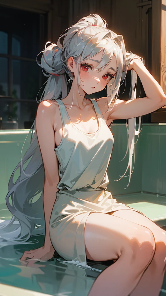 Masterpiece, top quality, aesthetic sense, high resolution, beautiful woman drawn in detail, after bath, hair up, tank top, long silver hair, red eyed woman