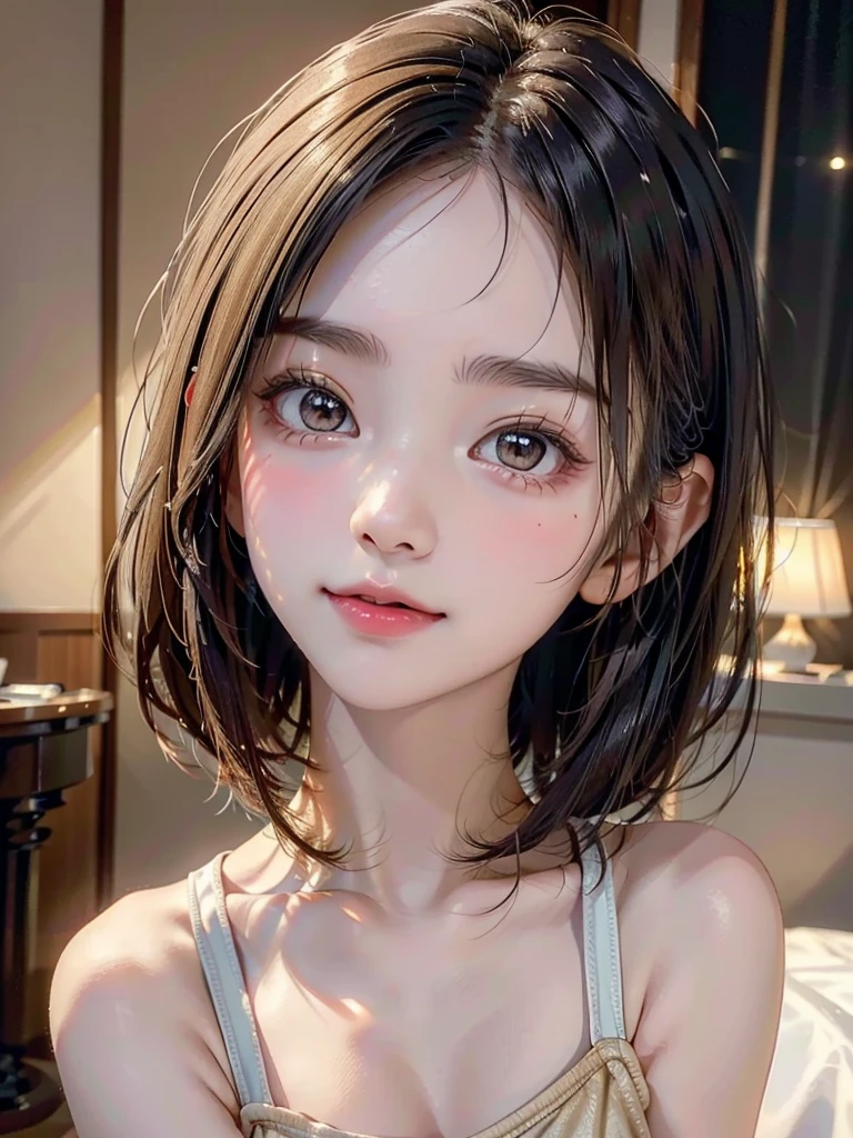 One Girl，(1人のとてもcute女の子:1.3)，masterpiece，Highest quality，High resolution，From below，Low - Angle，Photorealistic，RAW Photos，Ray Tracing，Physically Based Rendering，beautiful girl，(15 years old:1.3)，cute，Big eyes，(detailed pupils:1.2)，(The face is facing straight ahead:1.3)，Body facing forward，Beautiful nose，High nose，Upturned nose，Fuller lips，Short black hair，ponytail，short hair，Detailed eyelashes，Thin eyebrows，Very fine grain definition，(Symmetrical eyes，Golden Ratio:1.3)，(Face close-up，Face Focus:1.0)，Small breasts，Short neck，White swimsuit，White Bikini，The background is the sea，Southern Island，sunset，Sunset，Portrait，View Viewer，Upper Body，Cinema Lighting，High resolution，Very detailed