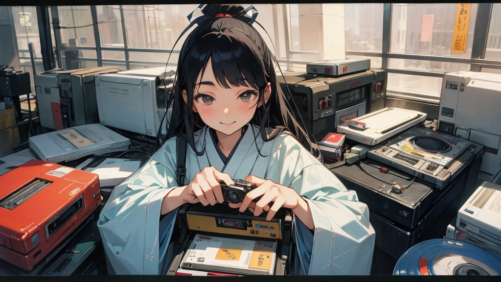 Very beautiful 18 year old Japanese woman, holding old cassette tape, cassette tape facing front, woman looks very happy.