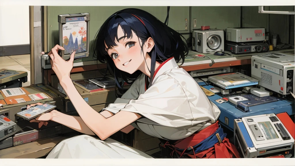 Very beautiful 18 year old Japanese woman, holding old cassette tape, cassette tape facing front, woman looks very happy.