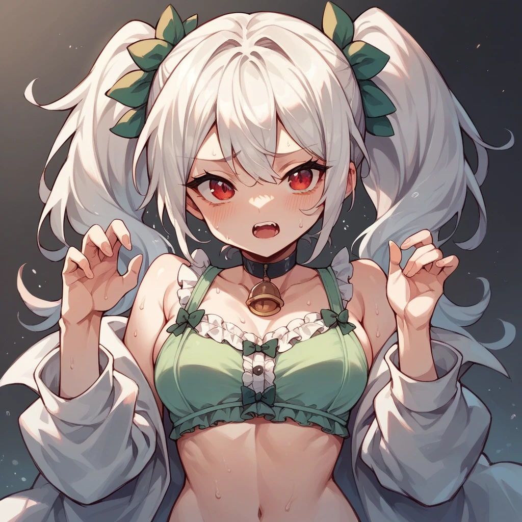 cute Green bra Frills Twin tails White Hair Red Eyes A regretful look Sweat