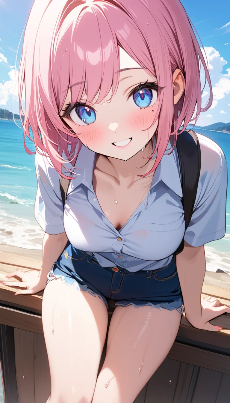 (1 girl),(Best Picture Quality, 8K, Masterpiece:1.3), (high school student:1.5), ((pink lob hair:1.1)), (bob cut),(swept bangs), (cute eyes, pupil black, iris skyblue, youthful face), (mole under right eye), (standard weight), (small breasts), (glistening skin:1.1),(pale skin:1.2),((Gyaru fashion:1.3)),(wet:1.1),((summer scene:1.2)),(magnificent view),(overlooking),(Smile).