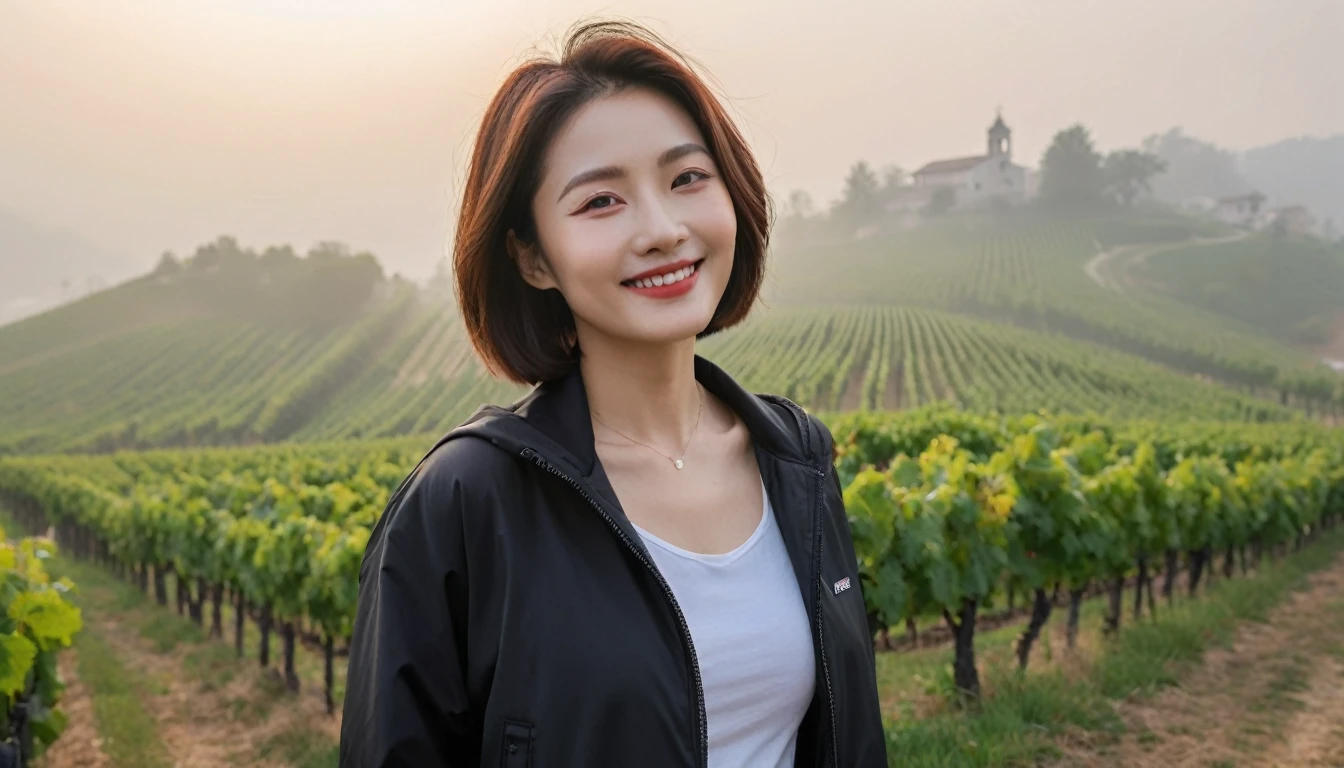 beautiful scenery, 8K Top Quality, Vivid picture quality, 1 woman, Beautiful 46-year-old Korean woman, slight wrinkles around the eyes, Chest size 34 inches, Model-level beautiful woman, italian countryside dawn, vineyard, The cathedral can be seen in the distance in a thick fog.. Red sunshine, The background is realistic and vivid quality.., short medium bob hair, White t-shirt that goes up to the neck, High-end luxury brand black windbreaker jacket, Smiling, Perfect and realistic photos, The background is realistic.. smile, Climbing a hill covered in thick fog, walking towards the front camera