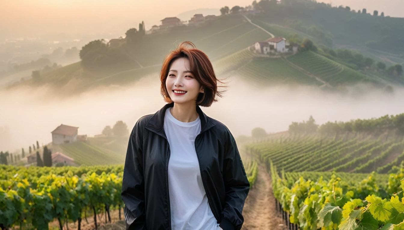 beautiful scenery, 8K Top Quality, Vivid picture quality, 1 woman, Beautiful 46-year-old Korean woman, slight wrinkles around the eyes, Chest size 34 inches, Model-level beautiful woman, italian countryside dawn, vineyard, The cathedral can be seen in the distance in a thick fog.. Red sunshine, The background is realistic and vivid quality.., short medium bob hair, White t-shirt that goes up to the neck, High-end luxury brand black windbreaker jacket, Smiling, Perfect and realistic photos, The background is realistic.. smile, Climbing a hill covered in thick fog, walking towards the front camera