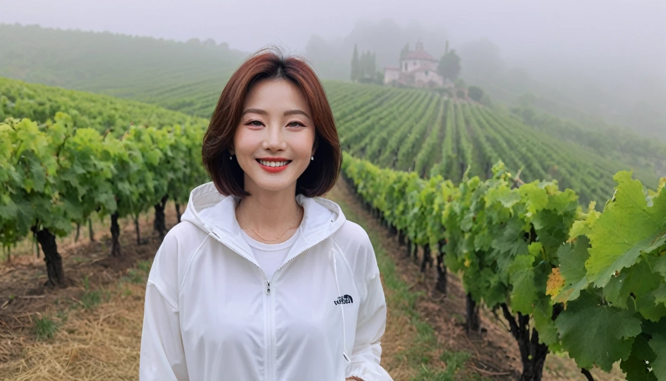 beautiful scenery, 8K Top Quality, Vivid picture quality, 1 woman, Beautiful 46-year-old Korean woman, slight wrinkles around the eyes, Chest size 34 inches, Model-level beautiful woman, italian countryside dawn, vineyard, The cathedral can be seen in the distance in a thick fog.. Red sunshine, The background is realistic and vivid quality.., short medium bob hair, White t-shirt that goes up to the neck, High-end luxury brand black windbreaker jacket, Smiling, Perfect and realistic photos, The background is realistic.. smile, Climbing a hill covered in thick fog, walking towards the front camera