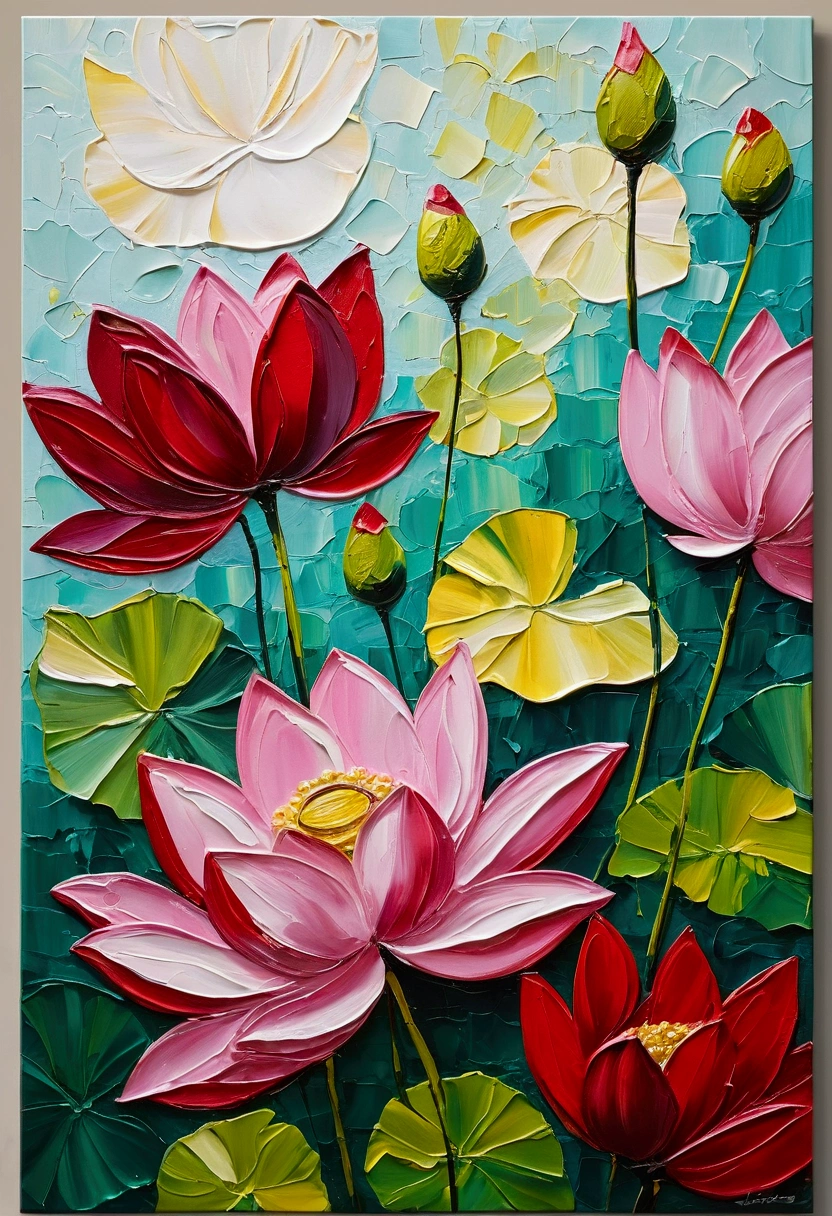 create Impasto palette knife painting, painting strokes in random sizes, of artificial flowers and greenery adorns the wall, creating a stunning display of color and texture. The flowers, in reds, pinks, yellows and purples, are arranged in a seemingly haphazard yet artful manner, creating a sense of natural beauty and abundance, there’s lotus, camera lens angle 85 mm, rim lights, green color.
