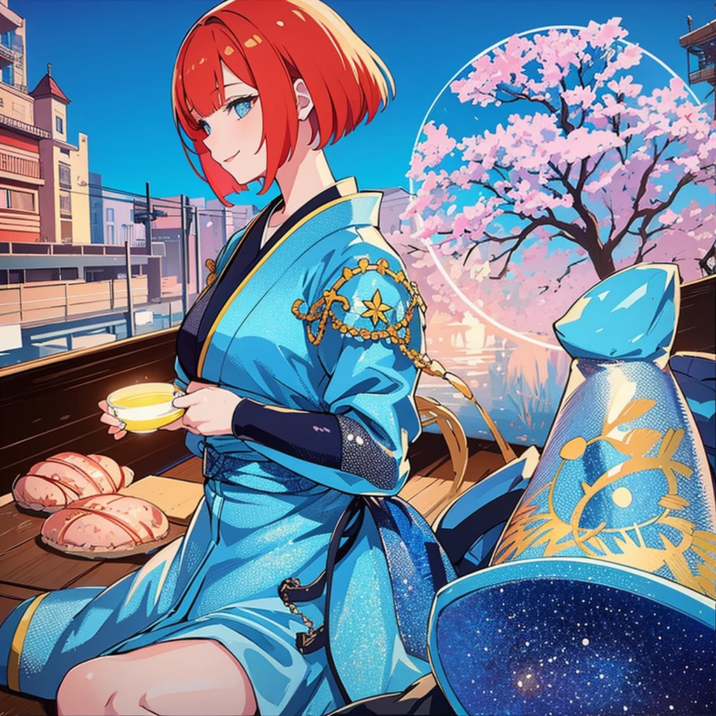 1 girl,Redhead Bob Cut、Long Bangs、Blue eyes、Light blue kimono 、Cute smile、profile、To you、profile,In 8K, Surreal, Lens flare,A fun atmosphere, Shine, complicated, Many colors, Bright lighting, Trending on Art Station,, Surreal, , Extremely detailed, Unreal Engine 5, masterpiece, Highest quality、Upper Body