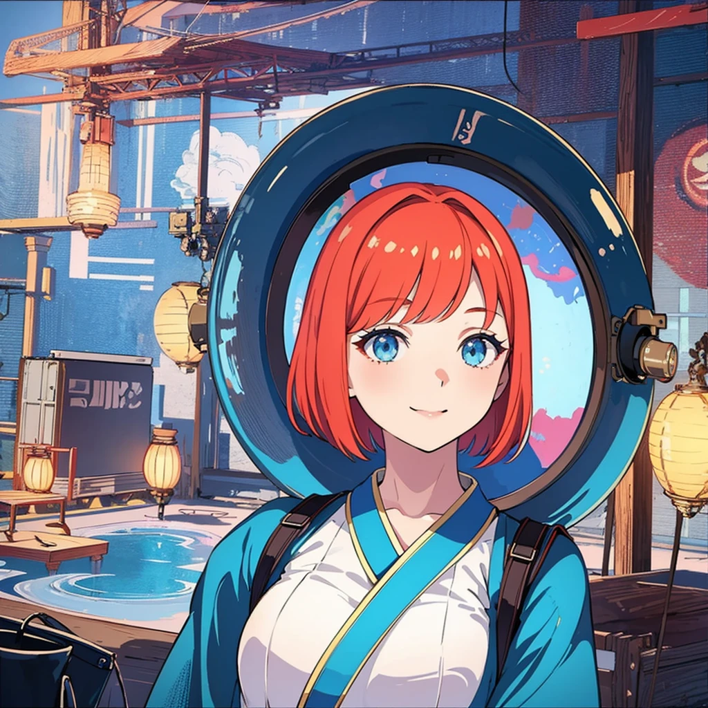 1 girl,Redhead Bob Cut、Long Bangs、Blue eyes、Light blue kimono 、Cute smile、profile、To you、profile,In 8K, Surreal, Lens flare,A fun atmosphere, Shine, complicated, Many colors, Bright lighting, Trending on Art Station,, Surreal, , Extremely detailed, Unreal Engine 5, masterpiece, Highest quality、Upper Body