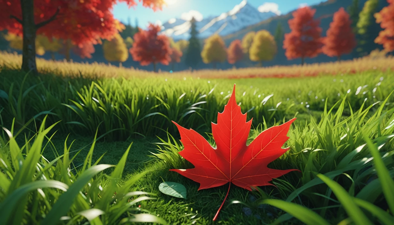 there is a red leaf that is sitting on the ground in the grass, masterpiece. rendered in blender, 4 k masterpiece, 4k masterpiece, god\'s creation, masterpiece ; behance hd, close establishing shot, spiritual masterpiece, 2 0 2 1 cinematic 4 k framegrab, 8 k masterpiece, 8k masterpiece, bright light masterpiece, masterpiece 8 k,nature photography 4k, november, cinematic widescreen shot, leaves and magic, high quality screenshot, 2 0 2 1 cinematic 4 k framegrab, wide screenshot、雪が薄く積もっている