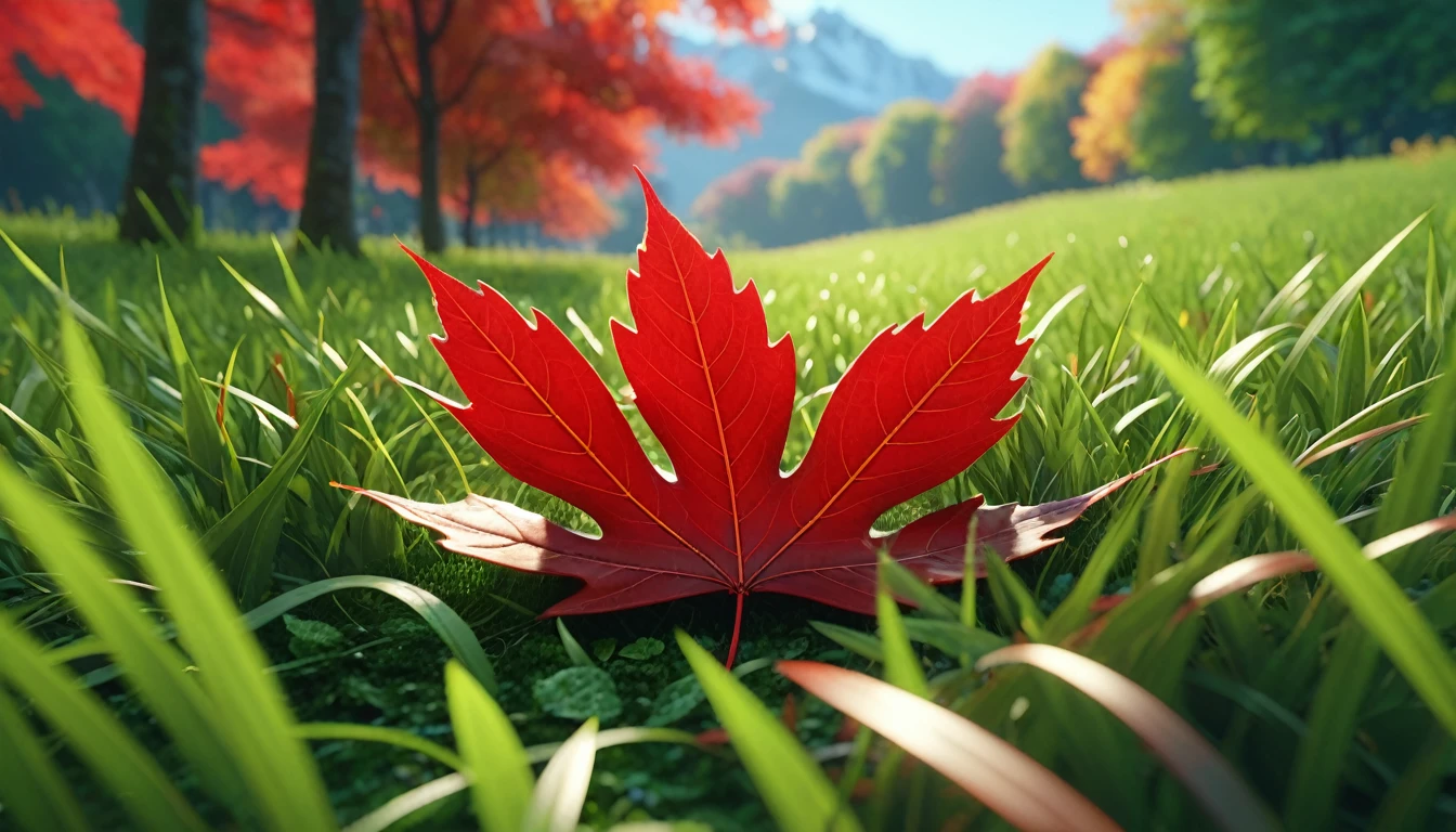 there is a red leaf that is sitting on the ground in the grass, masterpiece. rendered in blender, 4 k masterpiece, 4k masterpiece, god\'s creation, masterpiece ; behance hd, close establishing shot, spiritual masterpiece, 2 0 2 1 cinematic 4 k framegrab, 8 k masterpiece, 8k masterpiece, bright light masterpiece, masterpiece 8 k,nature photography 4k, november, cinematic widescreen shot, leaves and magic, high quality screenshot, 2 0 2 1 cinematic 4 k framegrab, wide screenshot、雪が薄く積もっている