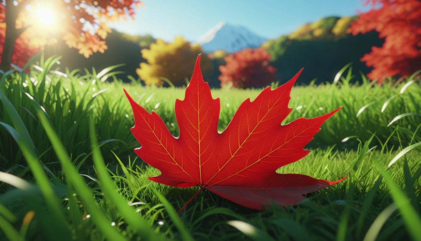 there is a red leaf that is sitting on the ground in the grass, masterpiece. rendered in blender, 4 k masterpiece, 4k masterpiece, god\'s creation, masterpiece ; behance hd, close establishing shot, spiritual masterpiece, 2 0 2 1 cinematic 4 k framegrab, 8 k masterpiece, 8k masterpiece, bright light masterpiece, masterpiece 8 k,nature photography 4k, november, cinematic widescreen shot, leaves and magic, high quality screenshot, 2 0 2 1 cinematic 4 k framegrab, wide screenshot、雪が薄く積もっている