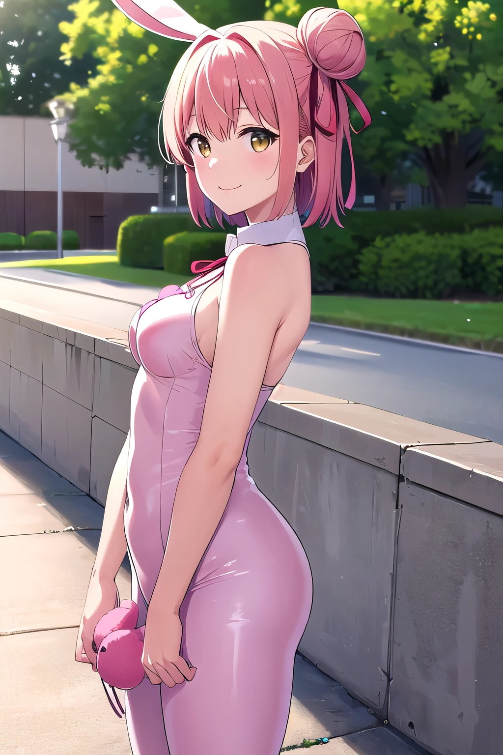 masterpiece, best quality, highres, hmkotori, short hair, pink hair, single hair bun, hair ribbon, standing, cowboy shot, outdoors, smile, arms at sides, straight-on, medium breasts reverse bunnysuit, heart pasties,