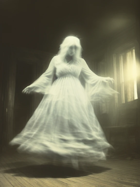 a woman ghost in a dress is dancing, in the old building