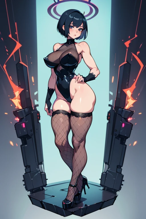 very wide hips)), (huge thighs, very big thighs), big breast, young girl, Pullover, whole body to see, lace short hair, big thighs, big breast, platform heels , thin waist, fullbody, standing, front pose, high cut leotard, sleveless, shoulderless, stockings, fishnets stockings, cyberpunk,