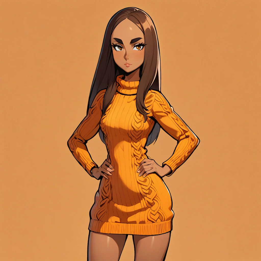 1 girl, wearing a Knit sweater dress with cable patterns, standing Hands on Hips, Feet Apart, Eyes Large, almond-shaped, dark brown, Nose Narrow and slightly hooked, Lips are Medium, natural pink, Hair Long, straight, dark brown, Skin Tone Warm medium with a golden undertone, Eyebrows Thick and arched, Cheekbones is High and defined, Chin is Rounded, ears are Small and close to the face, Resilient and determined, 