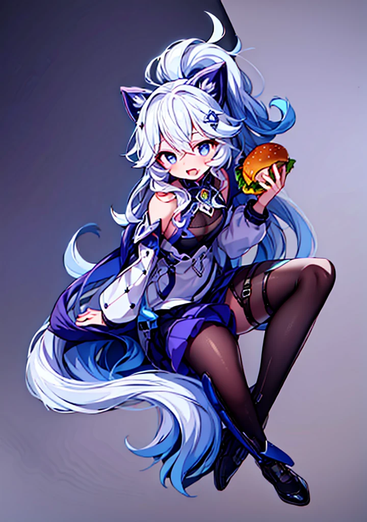 Generate the same character as the image, (keep character colors), Full HD, 4K, no blur, High definition, (((character with a burger in hand))), pantyhose, Show thighs, show arms, perfects eyes, no blemishes, no blur, へそ, niplles, best qualityer, raytracing, face detailed, 8 k wallpaper, (high resolution), sensuous, ((change character&#39;s clothes)), neckleace, 3 shades of hair color, medium breasts,