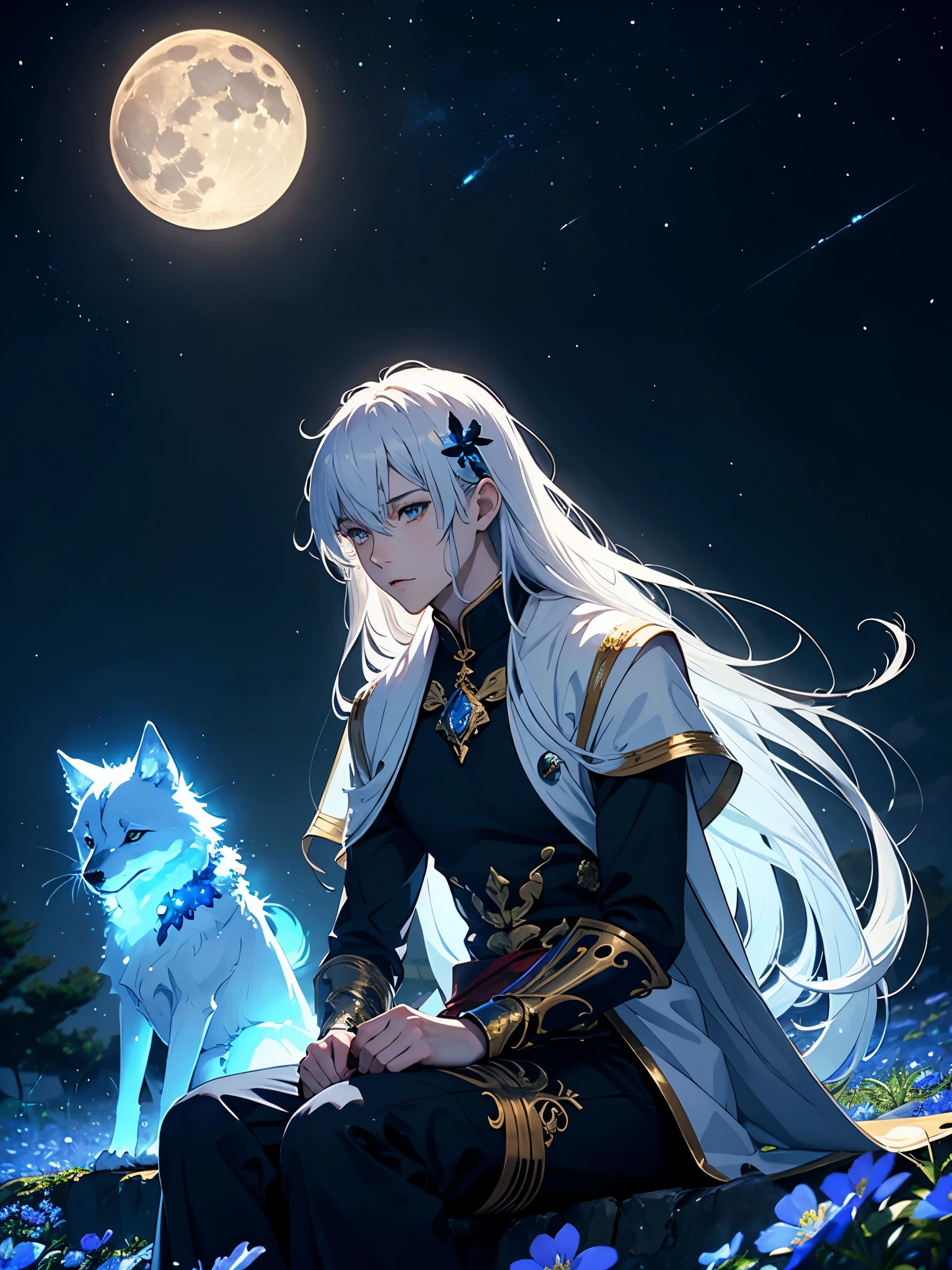traditional clothing. divine. God. Magik. lights. glitter. masculine. tao. light blue. magical. Magik. magic. Blue shine. glitter. mystical. divine. Blue butterfly.
big wolf. day lights. More anime. light blue light. Bright bright light. magical. Moon. Sitting on a big white wolf. Lightening flowers. More anime. male. Blue flowers. Long hair. long white hair. aquatic, boy, God of the Moon, silver hair accessories, White hair.