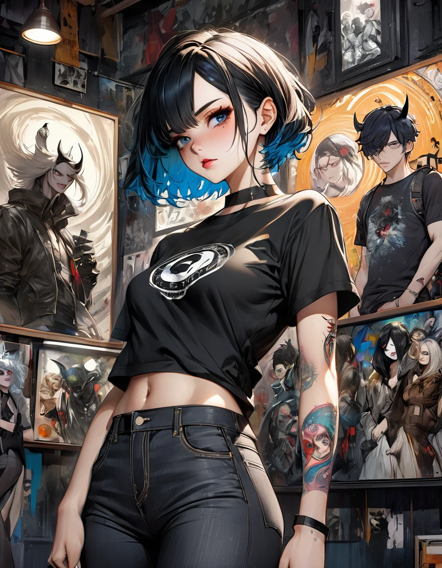 Aesthetic, horror Devil dark painterly style, modern ink, girl Boruto + Sabrina feiticeira big sexy black blood dark jeans short tshirts espinhos tattoo, expressive pose, urbanpunk, multi-layered perfect texture background, neo-expressionist, Russ Mills, Ian Miller, Harrison Fisher, Brian Froud, Jeremy Mann, Steadman , Hanuka, Klimt, Bell, Hobbie, Newton, greg rutkowski, atmospheric, hyperdetail, artstation trend, artgerm, deviant art, octane, masterpiece, complex art, intricat