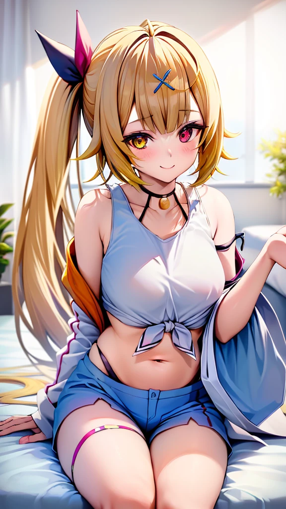 hoshikawasaraNS, 1girl, solo, long hair, hair ornament, long sleeves, navel, bare shoulders, hair ribbon,wide sleeves, side ponytail,crop top,sleeveless shirt,thigh strap, heterochromia, highleg, x hair ornament, front-tie top, strap slip, blue shorts,jacket,open jacket,18-year-old girl sitting on bed、solo、Anime-style paintings、Wearing pajamas、Slim figure、Blonde ponytail、Ahoge、Beautiful red eyes、smile、smile、From the side、The soft texture of pajamas、Upper body close-up、Red and yellow based colors、Background blur、The depth of the drawn boundaries