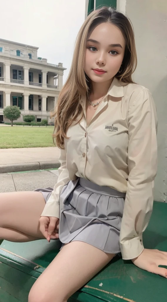 (highest quality,8K quality,masterpiece:1.3),(Super high resolution,Photoreal:1.4,Raw photo),(super detailed,caustics,detailed background),(ultra-realistic capture,Beautifully detailed skin,perfect anatomy),at dusk,sunset sky,school building,schoolyard,18-year-old,cute,single eyelid,brown long hair,white shirt, gray mini skirt,look at the camera,bust up shot,natural soft light, sitting