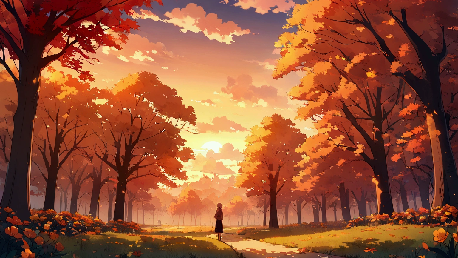 


park, peaceful, anime style, leafless tall trees, sunlight, small patch of flowers, clear orange sky, clouds, twilight, autumn season