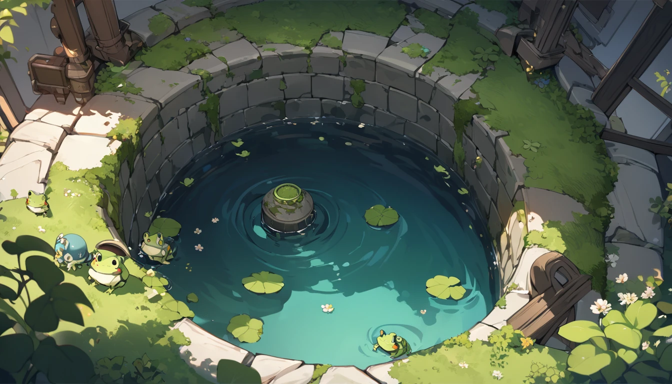 Multiple little frogs,An ancient well，A piece of sky can be seen above the wellhead，There is water and moss at the bottom of the well。