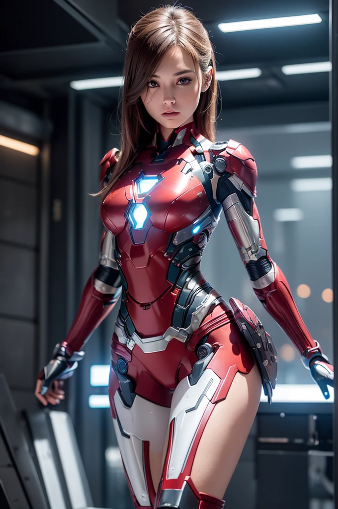 ((masterpiece, 8K, 3D, Realistic, Super Detail)), (1girl:1.3), slender 16 age, Ultra Micro photography, Melissa Benoist Super realistic, Perfect face, 16K resolution, 4k resolution, The photo was taken from the Front, facing to the photographer, Foreground photo, dynamic lighting, posing on a pedestal, high-definition resolution, Beautiful features, ((Perfect female Model Slim body)) Beautiful features, Standing pose, ((small hip)), (((2 piece Hotpants-Bikini))), Sci-fi futuristic, ((Iron man armor)) ((bionic Fragmented Super Girl chest armor suit)), ((Exposed slim thighs)), wear mesh metal-stockings, ((slim thighs)), ((bionic Slim thighs Spider man armor)), Front Full body Shot, full body portrait, perfect legs, Iron Man shoes, futuristic city background