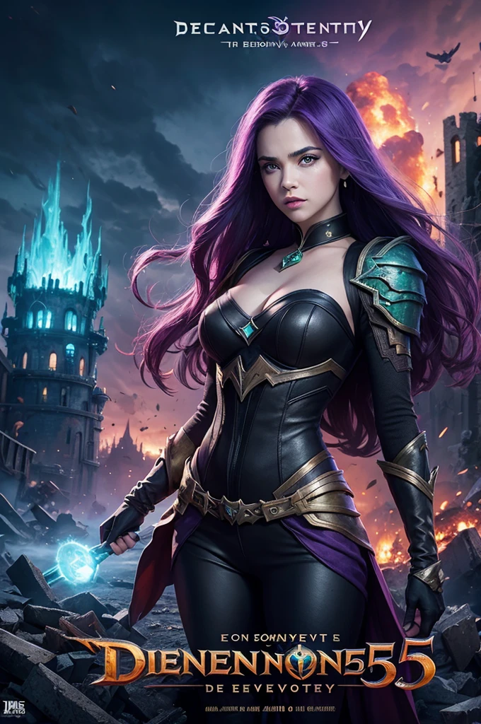 Create a movie poster,descendants 5 with the evil character with the green eye,com a logo da Disney,and behind her with the destroyed castle of Araudon
