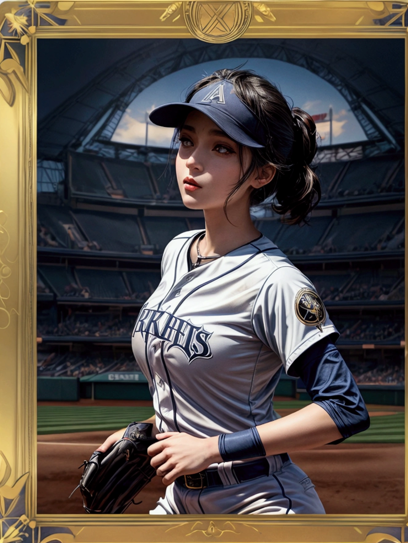 masterpiece,Highest quality,8K,High resolution,Raw photo,Professional,
Physically Based Rendering,Thin contours,
(Tarot card frame and background with rounded corners:1.3)
Two-digit Roman numerals,Baseball stadium at night, beauty league game, bright with stadium lights (Many spectators:1.1),
One beautiful woman, perfect face and body, detailed face, perfect anatomy, live action photos
(Beautiful woman guarding the outfield:1.2)
Front view of beautiful woman
(Baseball Player Uniforms),
