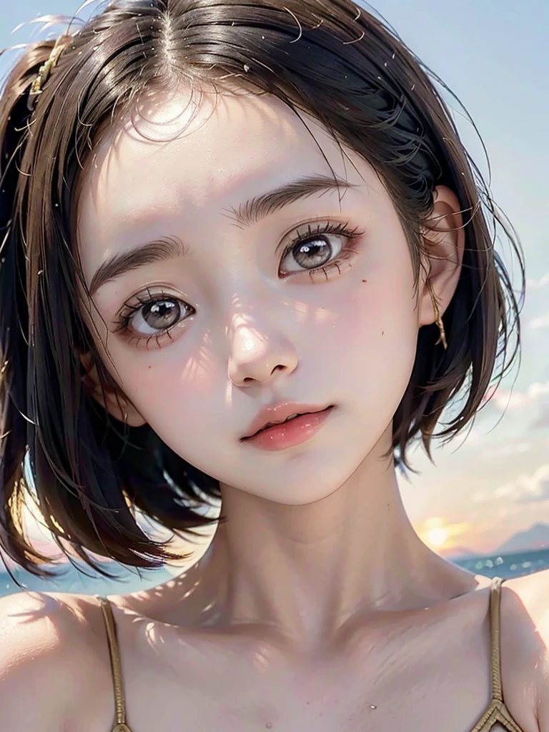 One Girl，(1人のとてもcute女の子:1.3)，masterpiece，Highest quality，High resolution，From below，Low - Angle，Photorealistic，RAW Photos，Ray Tracing，Physically Based Rendering，beautiful girl，(15 years old:1.3)，cute，Big eyes，(detailed pupils:1.2)，(The face is facing straight ahead:1.3)，Body facing forward，Beautiful nose，High nose，Upturned nose，Fuller lips，Short black hair，ponytail，short hair，Detailed eyelashes，Thin eyebrows，Very fine grain definition，(Symmetrical eyes，Golden Ratio:1.3)，(Face close-up，Face Focus:1.0)，Small breasts，Short neck，White swimsuit，White Bikini，The background is the sea，Southern Island，sunset，Sunset，Portrait，View Viewer，Upper Body，Cinema Lighting，High resolution，Very detailed