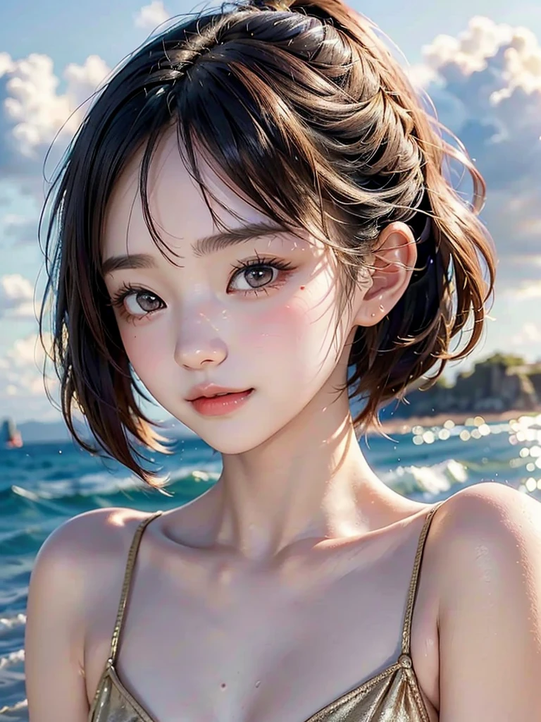 One Girl，(1人のとてもcute女の子:1.3)，masterpiece，Highest quality，High resolution，From below，Low - Angle，Photorealistic，RAW Photos，Ray Tracing，Physically Based Rendering，beautiful girl，(15 years old:1.3)，cute，Big eyes，(detailed pupils:1.2)，(The face is facing straight ahead:1.3)，Body facing forward，Beautiful nose，High nose，Upturned nose，Fuller lips，Short black hair，ponytail，short hair，Detailed eyelashes，Thin eyebrows，Very fine grain definition，(Symmetrical eyes，Golden Ratio:1.3)，(Face close-up，Face Focus:1.0)，Small breasts，Short neck，White swimsuit，White Bikini，The background is the sea，Southern Island，sunset，Sunset，Portrait，View Viewer，Upper Body，Cinema Lighting，High resolution，Very detailed