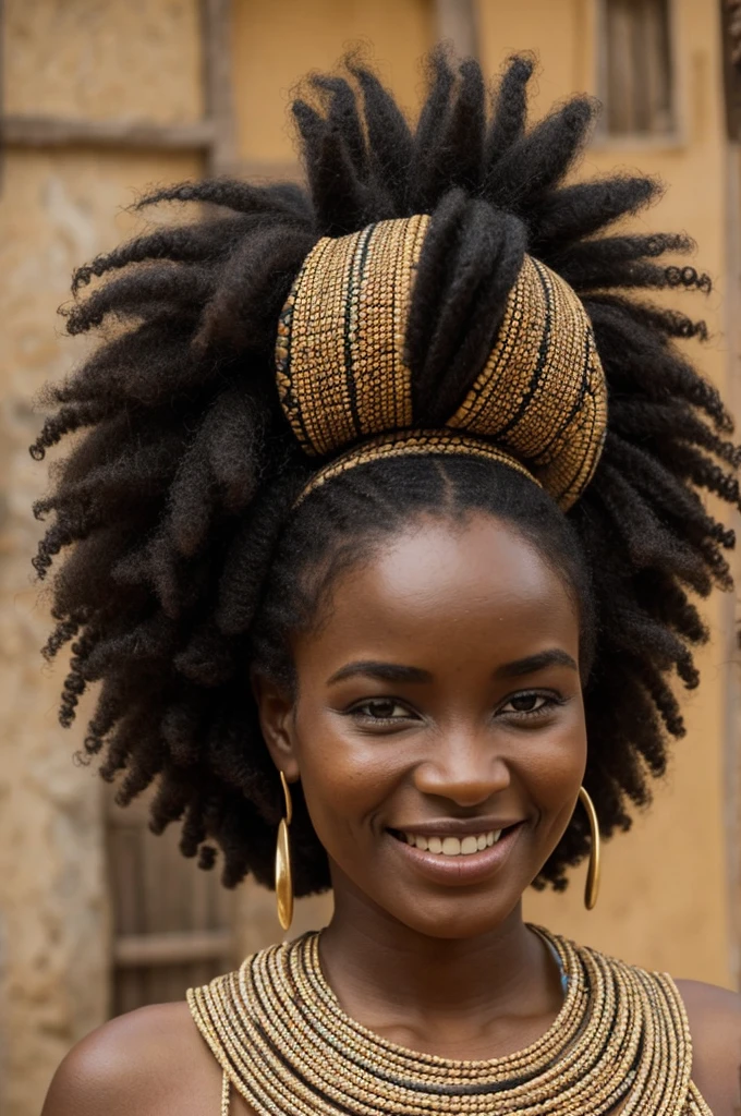 une femme africaine belle , attirante au teint métisse avec un sourire chaleureux, des yeux pétillants, et des cheveux naturels. Habillée d'un tissu traditionnel africain, comme le kente ou le wax, qui représente la culture et l'héritage. Elle porte des colliers en perles ou des boucles d'oreilles en métal. Elle a une expression bienveillante et engageante, qui invite les spectateurs à écouter les histoires et les contes. En arrière-plan, incorpore des éléments symboliques comme des silhouettes d'animaux, pour évoquer le monde des contes africains.