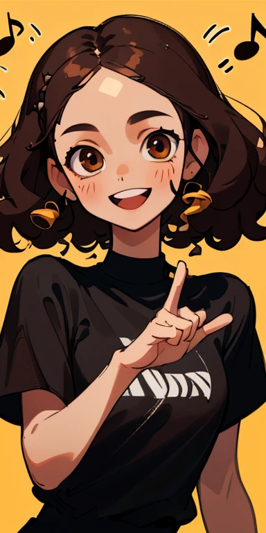 (Highest quality, masterpiece), One girl,Black T-shirt,Upper Body, A simple background with scattered musical notes, View your viewers,Mid-length hairstyle with a center part that shows the forehead ,Black Hair,Loosening perm,Brown hair tips,A happy smile