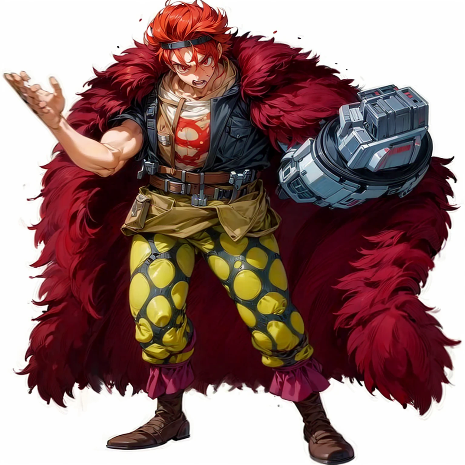 Red eyes, red hair, robotic hand, motion blur, (attack on Titan style art)