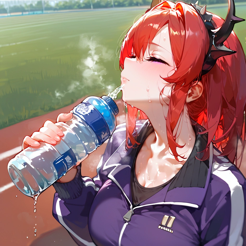 score_9, score_8_up, score_7_up, score_6_up,floox style,surtr, arknights, red hair,big breasts,,collarbone, jacket,purple jacket, purple track suit, sportswear, standing, steam, steaming body, sweat,, track jacket, track pants, track suit, outdoors, pours water on face, water bottle, solo, purple eyes, closed eyes, head up, spilling,