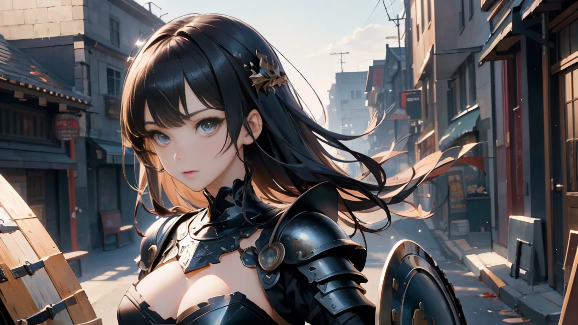 anime style, masterpiece, accurate, textured skin, high quality, best quality, highres, high details, super detail, gorgeous adult woman, black hair, bangs, perfect eyes, cleavage, soft light, high quality, 4k resolution, (Western knight with sword and shield), (steel armor), war, be covered in blood