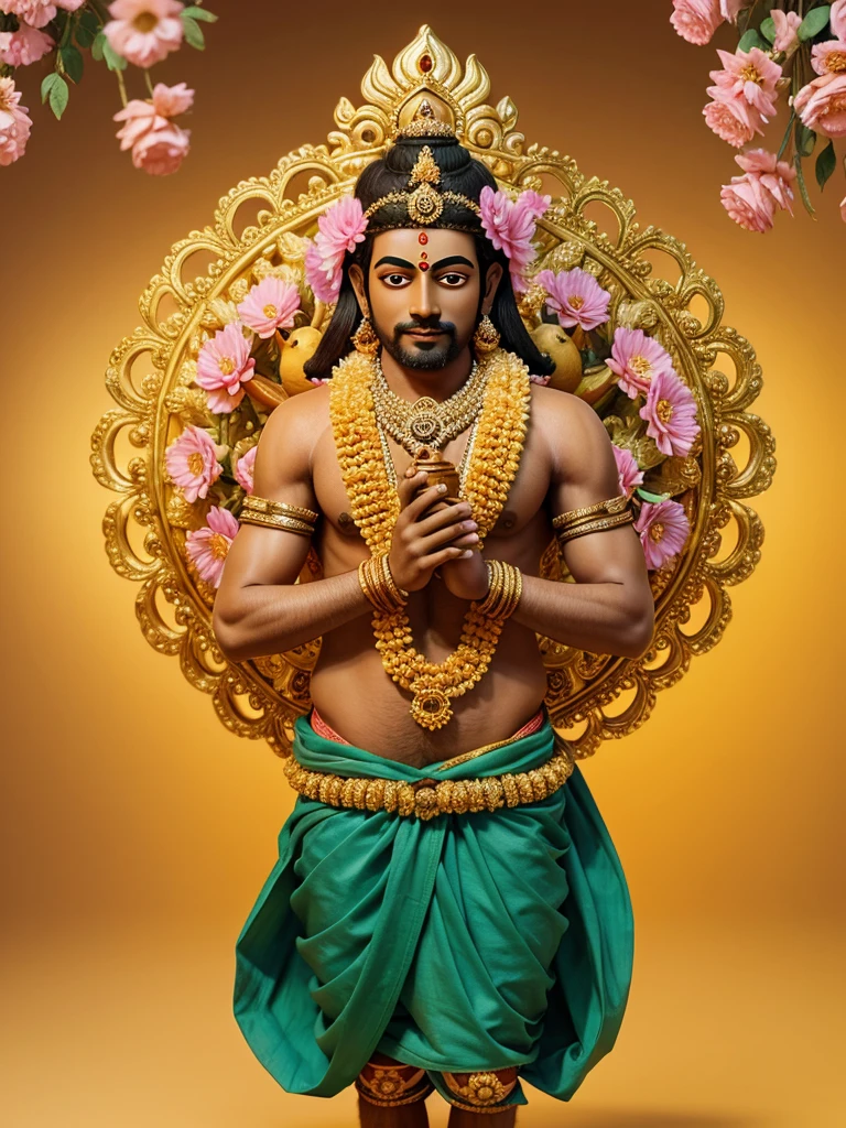 Cute 3D image of Lord Jagannath Ji in which Lord Jagannath is holding a Murali in his hand and is wearing golden colored clothes. Blur flowers in light pink background and Bird in the sky.